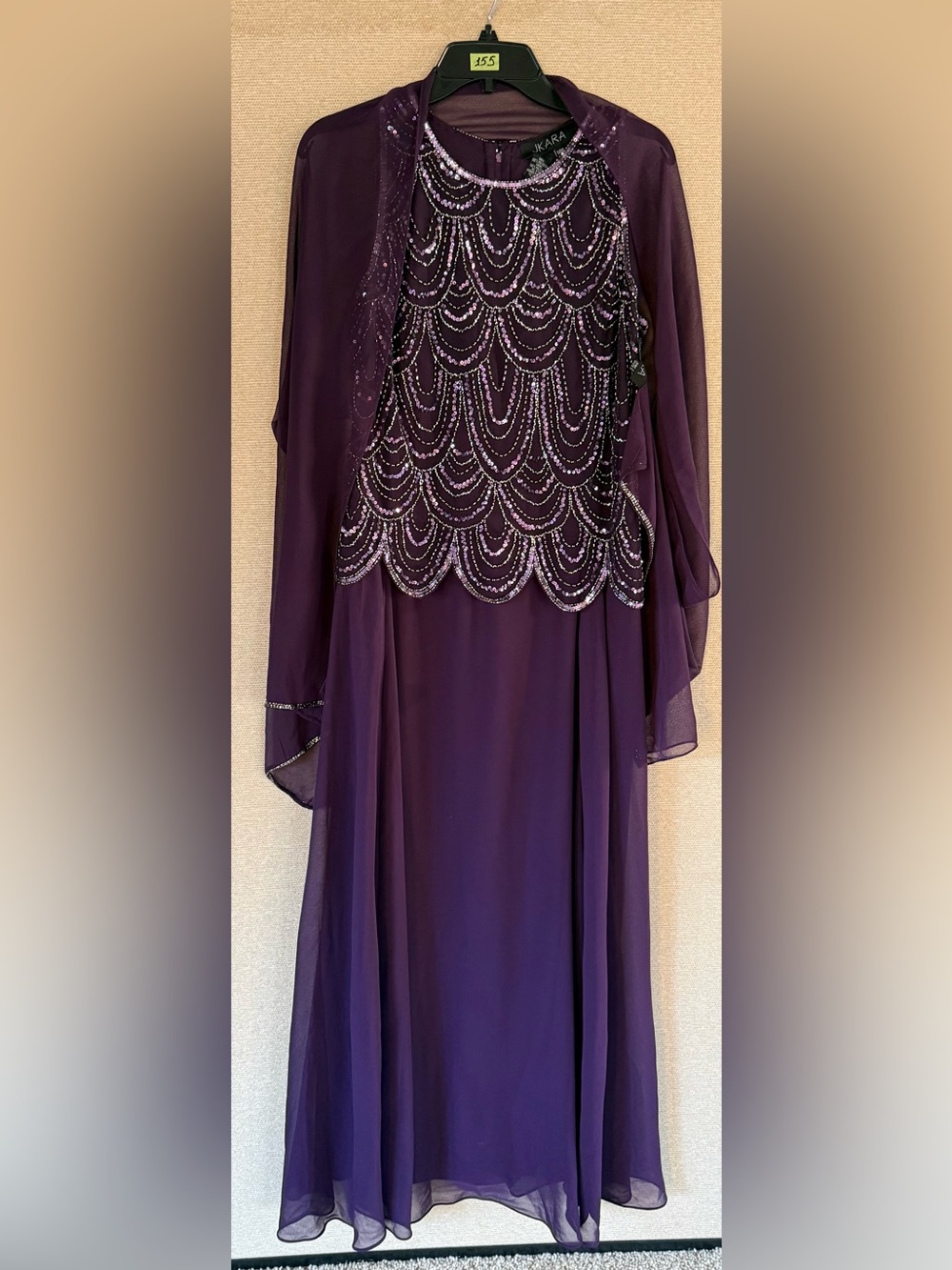 J Kara Deep Purple Beaded Long Sleeve Evening Gown